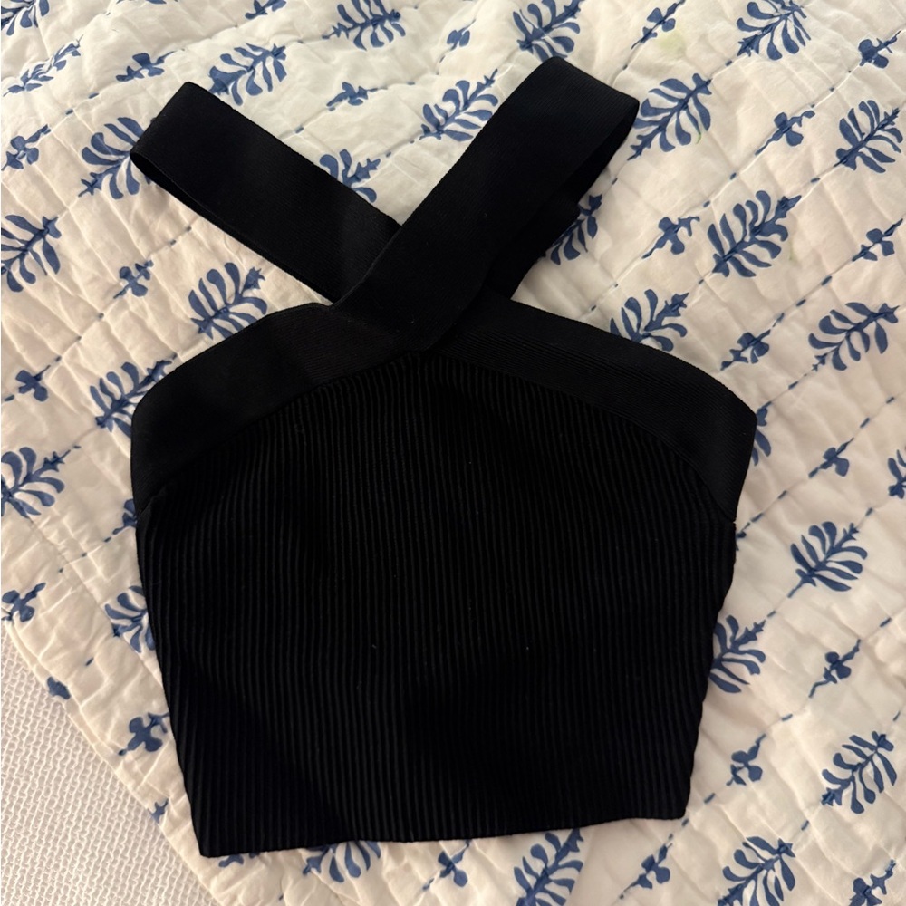 Aritzia Black Ribbed Cross-Strap Crop Top